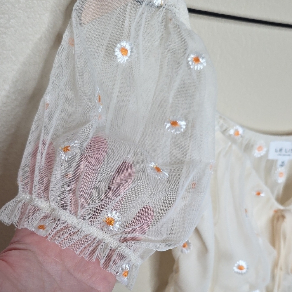 Le Lis Ivory Sheer Mesh Daisy Embroidered Crop Top Cottagecore Size Medium - Picture 7 of 11